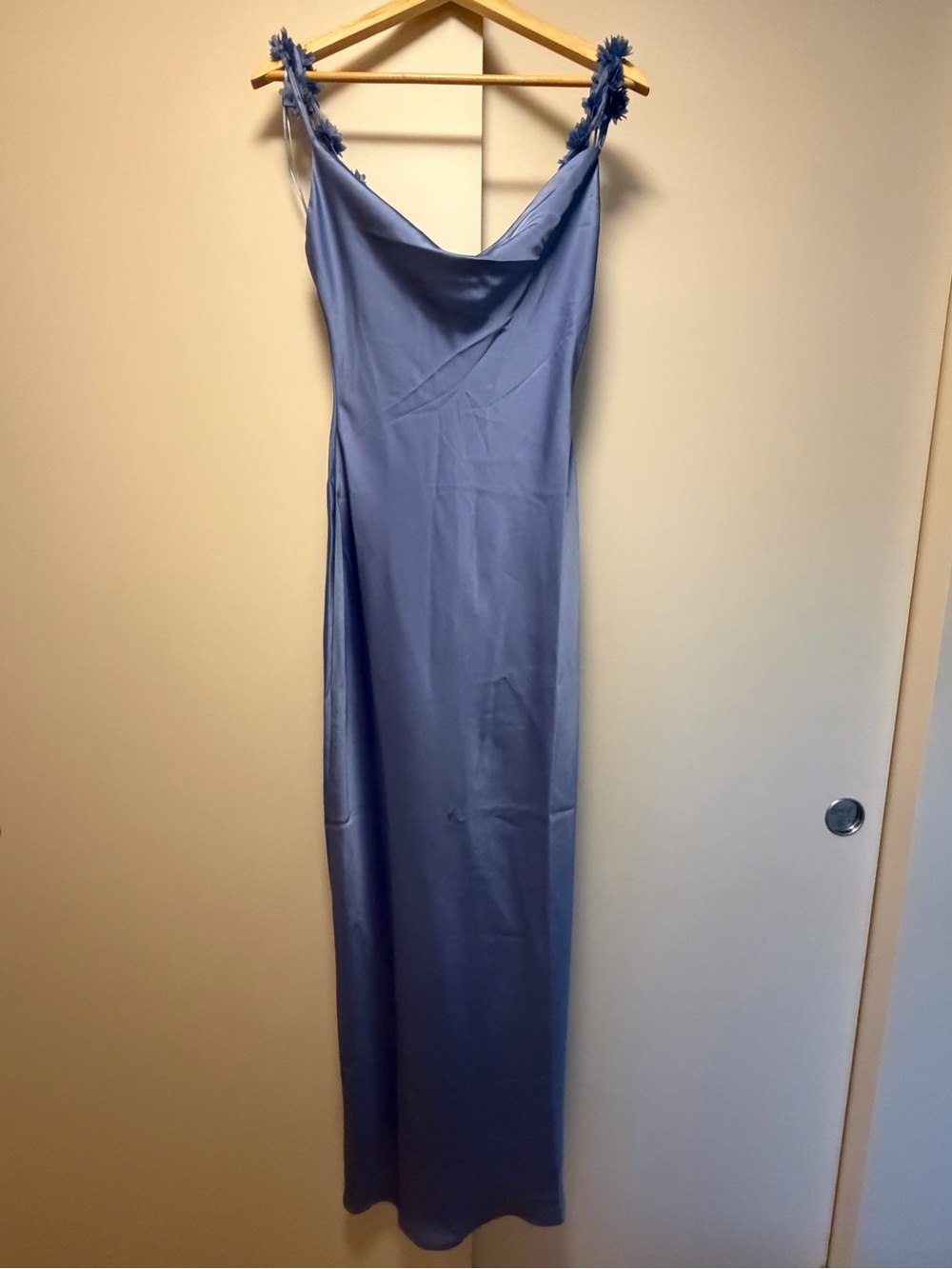 Altar'd State Blue Satin Cowl Neck Maxi Dress with Floral Straps